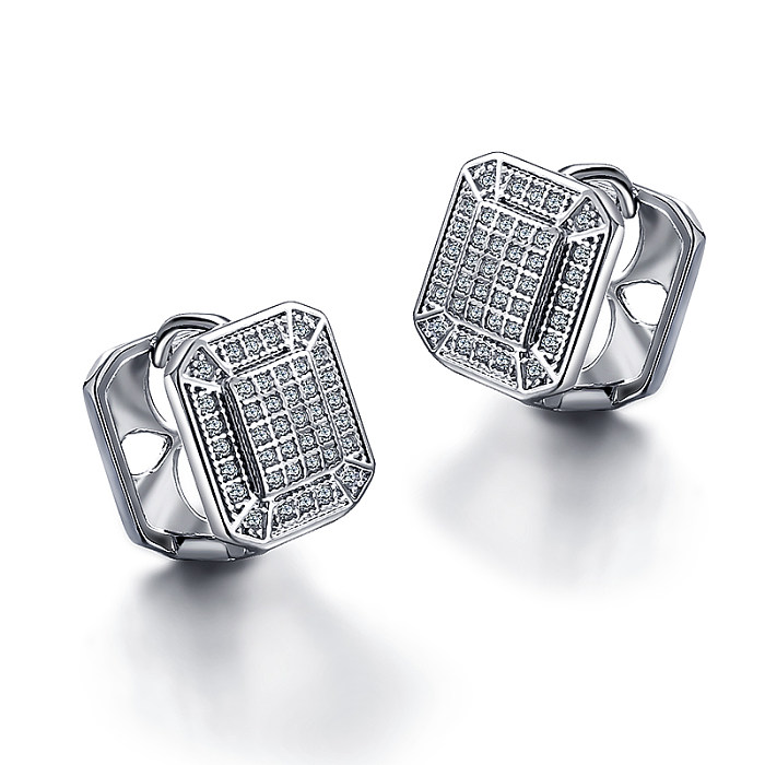 Brass square geometric pattern with hollow texture inlaid with zircon ear buckle