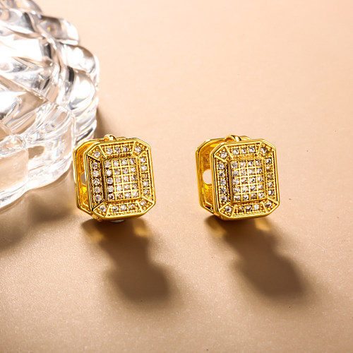 Brass square geometric pattern with hollow texture inlaid with zircon ear buckle