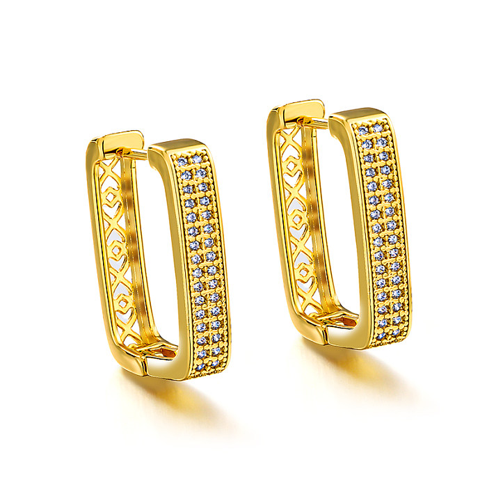 Brass rectangular geometric pattern with hollow texture inlaid with zircon ear buckle