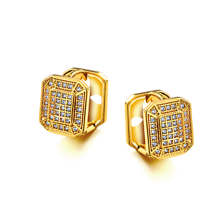 Brass square geometric pattern with hollow texture inlaid with zircon ear buckle