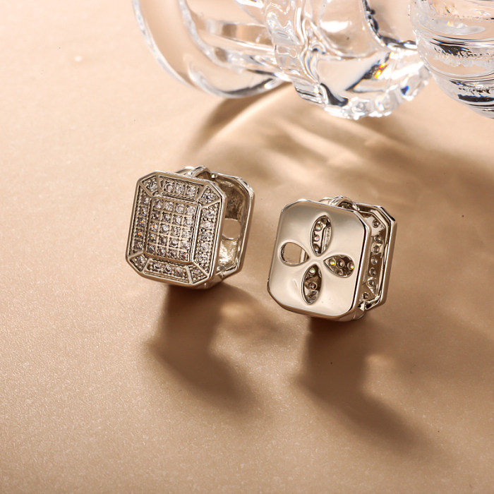 Brass square geometric pattern with hollow texture inlaid with zircon ear buckle