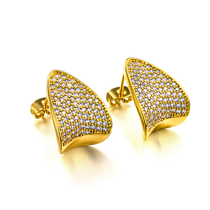 Brass curved geometric pattern texture inlaid with zircon earrings