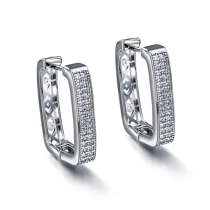 Brass rectangular geometric pattern with hollow texture inlaid with zircon ear buckle