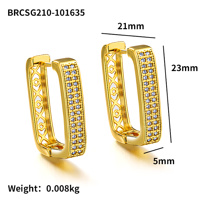 Brass rectangular geometric pattern with hollow texture inlaid with zircon ear buckle