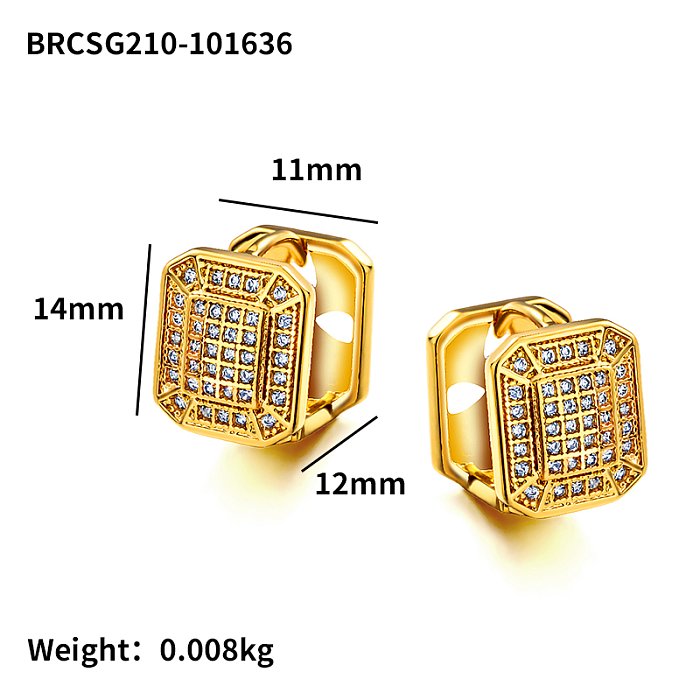 Brass square geometric pattern with hollow texture inlaid with zircon ear buckle