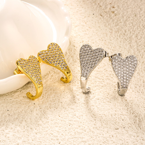 Brass heart-shaped geometric pattern long inlaid zircon earrings