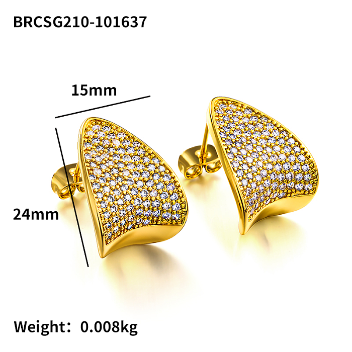 Brass curved geometric pattern texture inlaid with zircon earrings