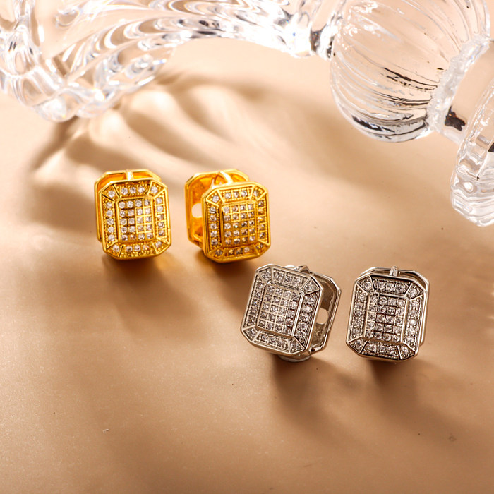 Brass square geometric pattern with hollow texture inlaid with zircon ear buckle