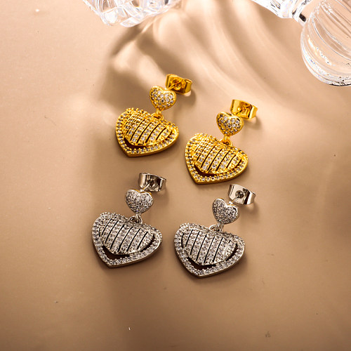 Brass heart-shaped circular geometric pattern inlaid with zircon earrings