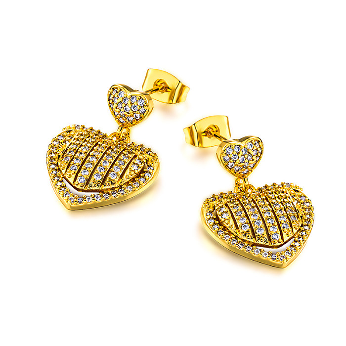Brass heart-shaped circular geometric pattern inlaid with zircon earrings
