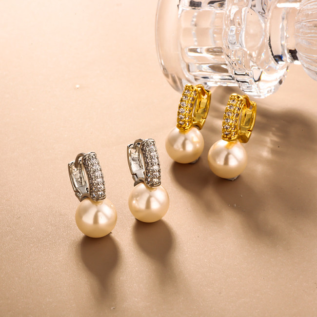 Brass wire diameter 4mm inlaid zircon pearl ear buckle
