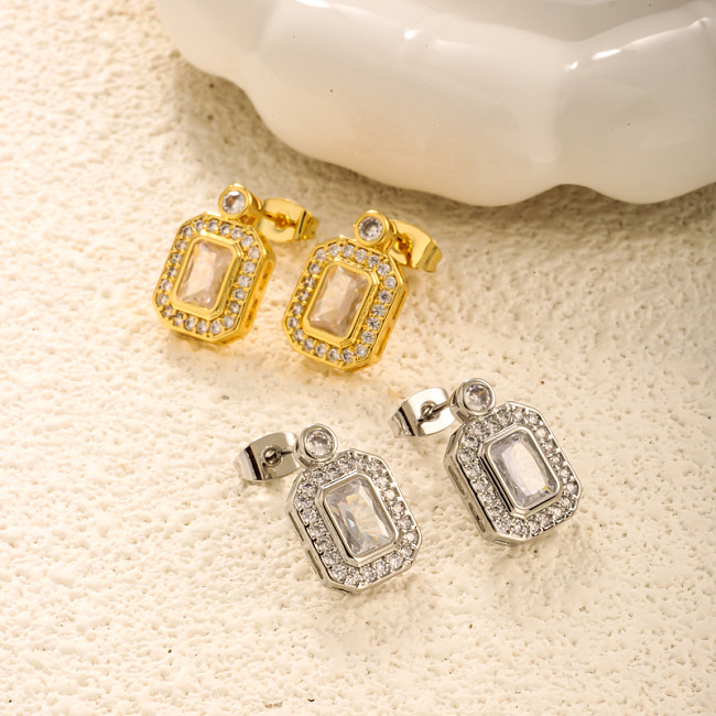 Brass rectangular inlaid zircon earrings