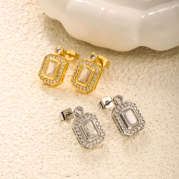 Brass rectangular inlaid zircon earrings