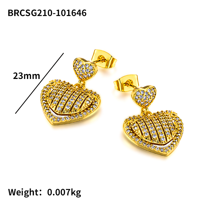 Brass heart-shaped circular geometric pattern inlaid with zircon earrings