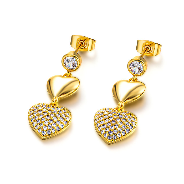 Brass heart-shaped geometric pattern inlaid with zircon earrings