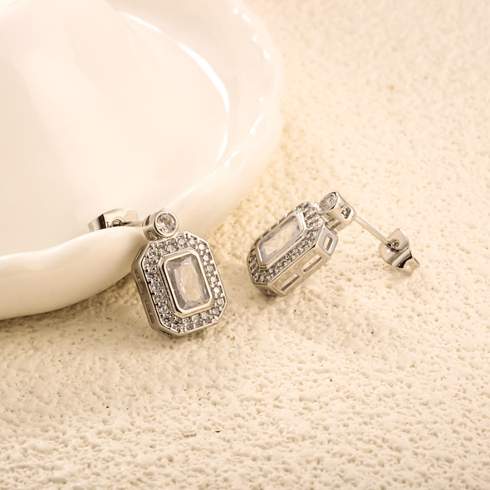 Brass rectangular inlaid zircon earrings