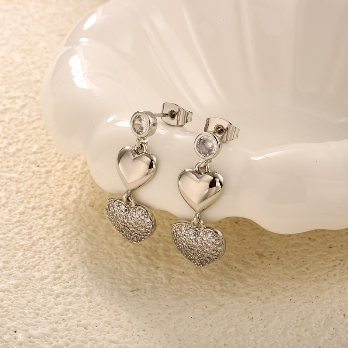 Brass heart-shaped geometric pattern inlaid with zircon earrings