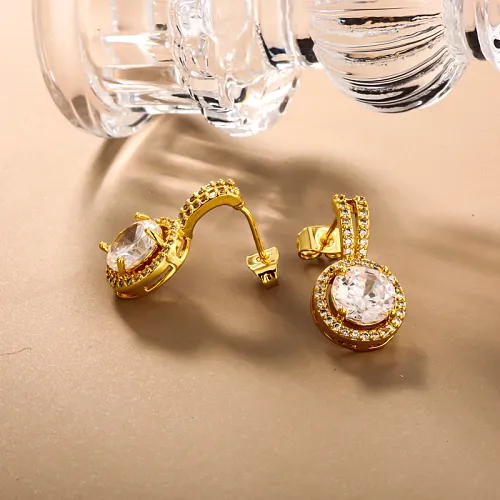 Brass round inlaid zircon versatile earrings