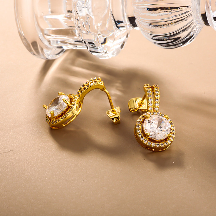 Brass round inlaid zircon versatile earrings