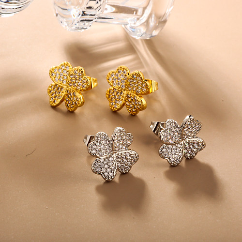 Brass clover geometric pattern inlaid with zircon earrings