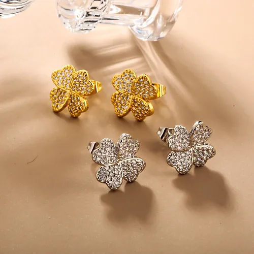 Brass clover geometric pattern inlaid with zircon earrings