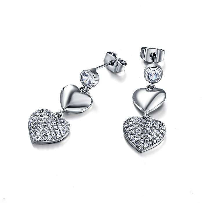 Brass heart-shaped geometric pattern inlaid with zircon earrings