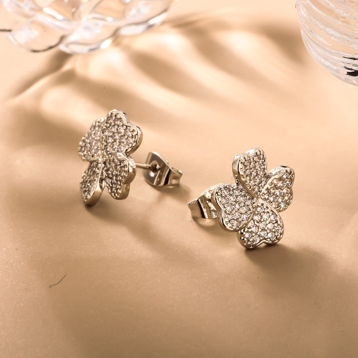 Brass clover geometric pattern inlaid with zircon earrings