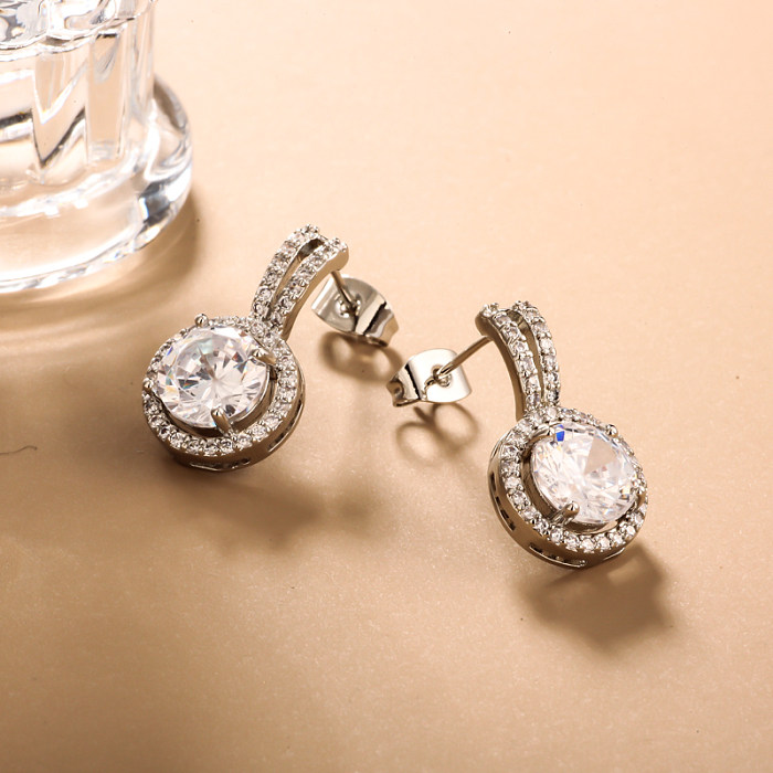Brass round inlaid zircon versatile earrings