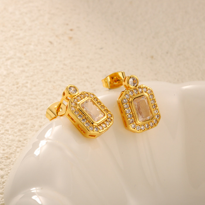 Brass rectangular inlaid zircon earrings