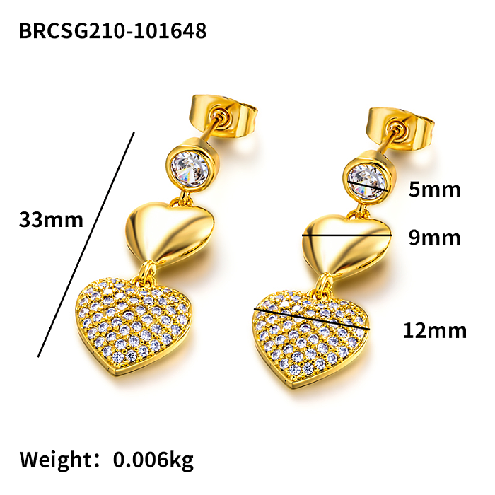 Brass heart-shaped geometric pattern inlaid with zircon earrings