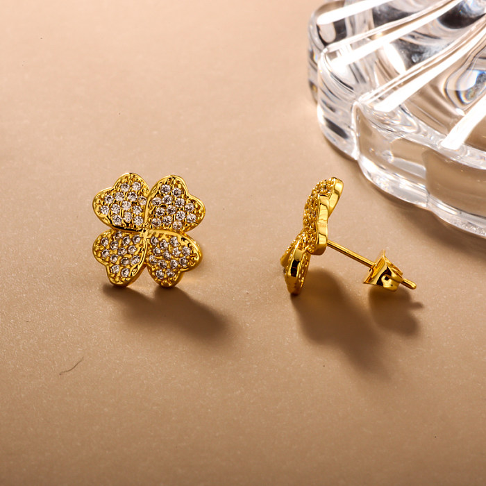 Brass clover geometric pattern inlaid with zircon earrings