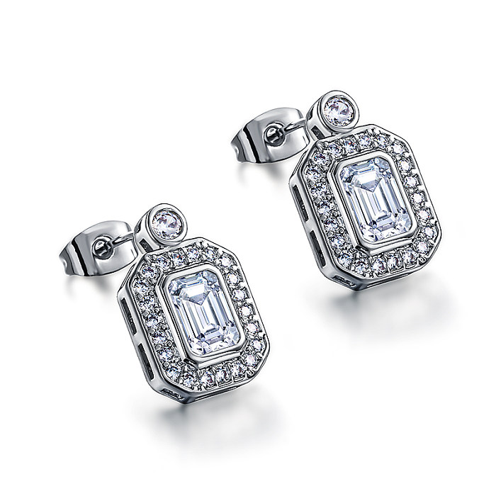 Brass rectangular inlaid zircon earrings