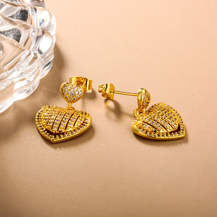 Brass heart-shaped circular geometric pattern inlaid with zircon earrings