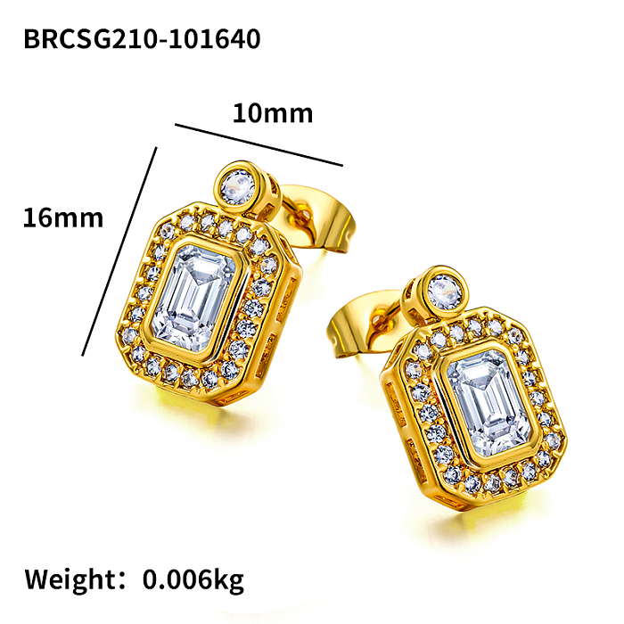 Brass rectangular inlaid zircon earrings