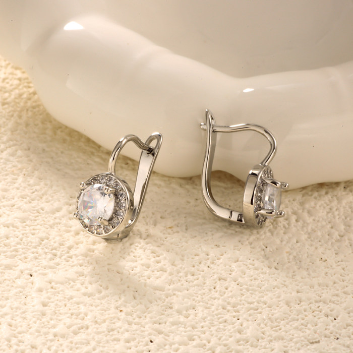 Brass simple and versatile inlaid circular zircon ear buckle