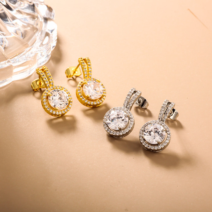 Brass round inlaid zircon versatile earrings