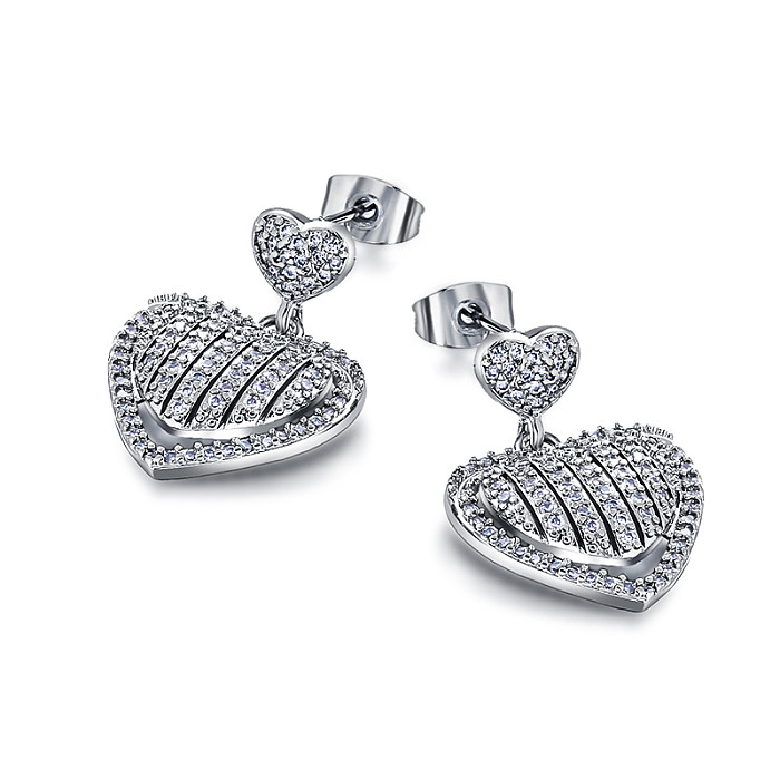 Brass heart-shaped circular geometric pattern inlaid with zircon earrings