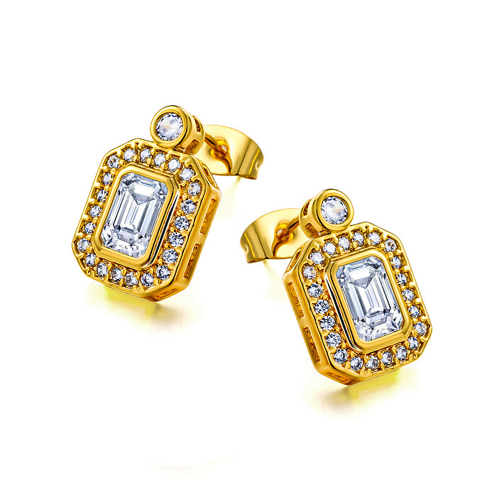 Brass rectangular inlaid zircon earrings