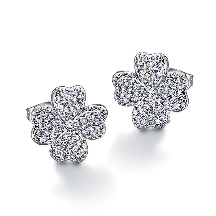 Brass clover geometric pattern inlaid with zircon earrings