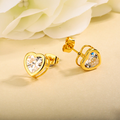 Brass heart inlaid zircon earrings
