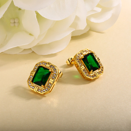 Brass rectangular green zircon inlaid zircon earrings