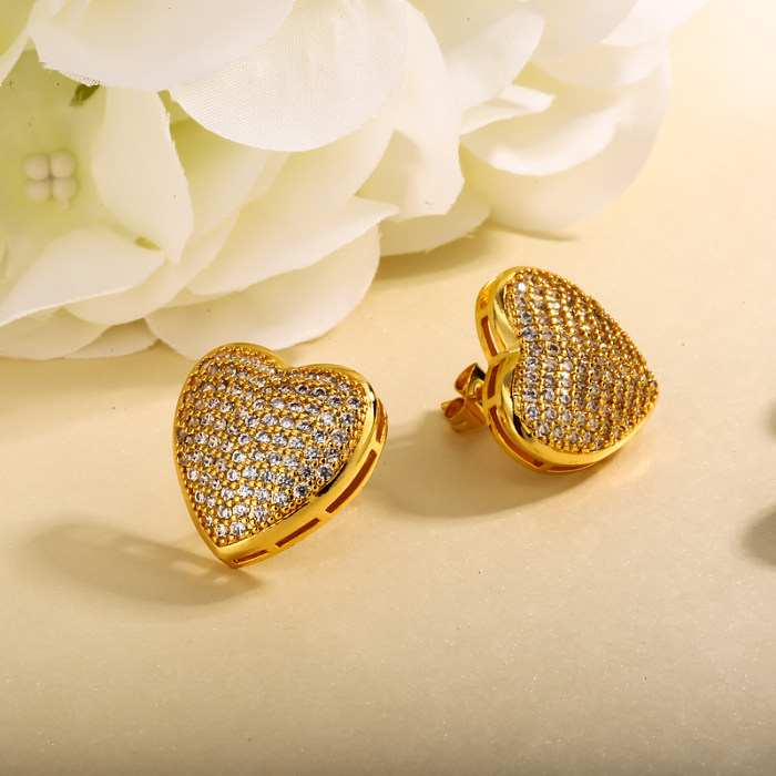 Brass heart inlaid zircon earrings