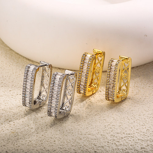 Brass wire diameter 11.5mm rectangular hollow pattern inlaid with zircon ear buckle
