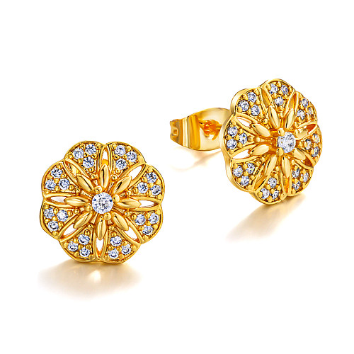 Brass diameter 12mm hollow pattern inlaid zircon earrings