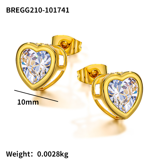 Brass heart inlaid zircon earrings