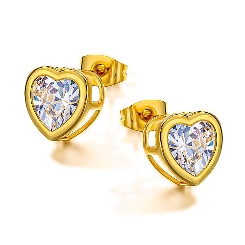 Brass heart inlaid zircon earrings