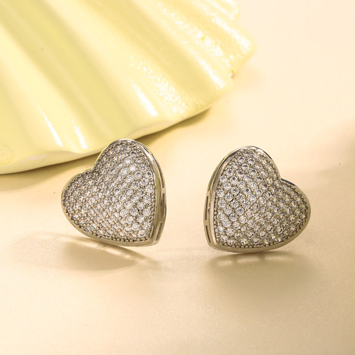 Brass heart inlaid zircon earrings