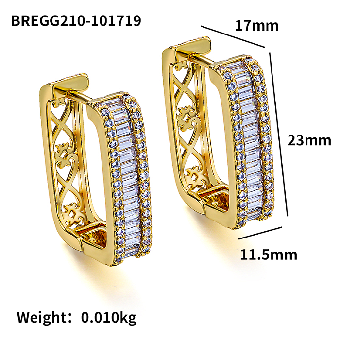 Brass wire diameter 11.5mm rectangular hollow pattern inlaid with zircon ear buckle