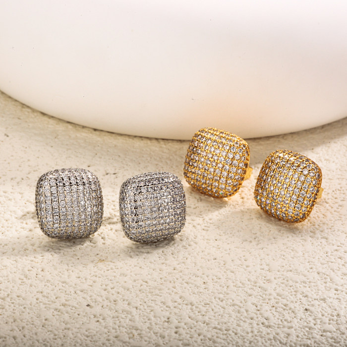 Brass square inlaid zircon earrings