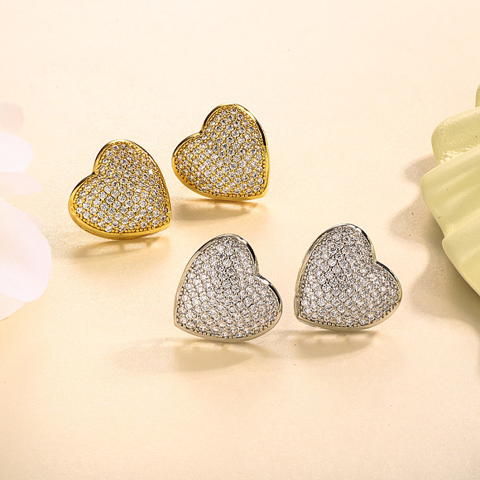 Brass heart inlaid zircon earrings